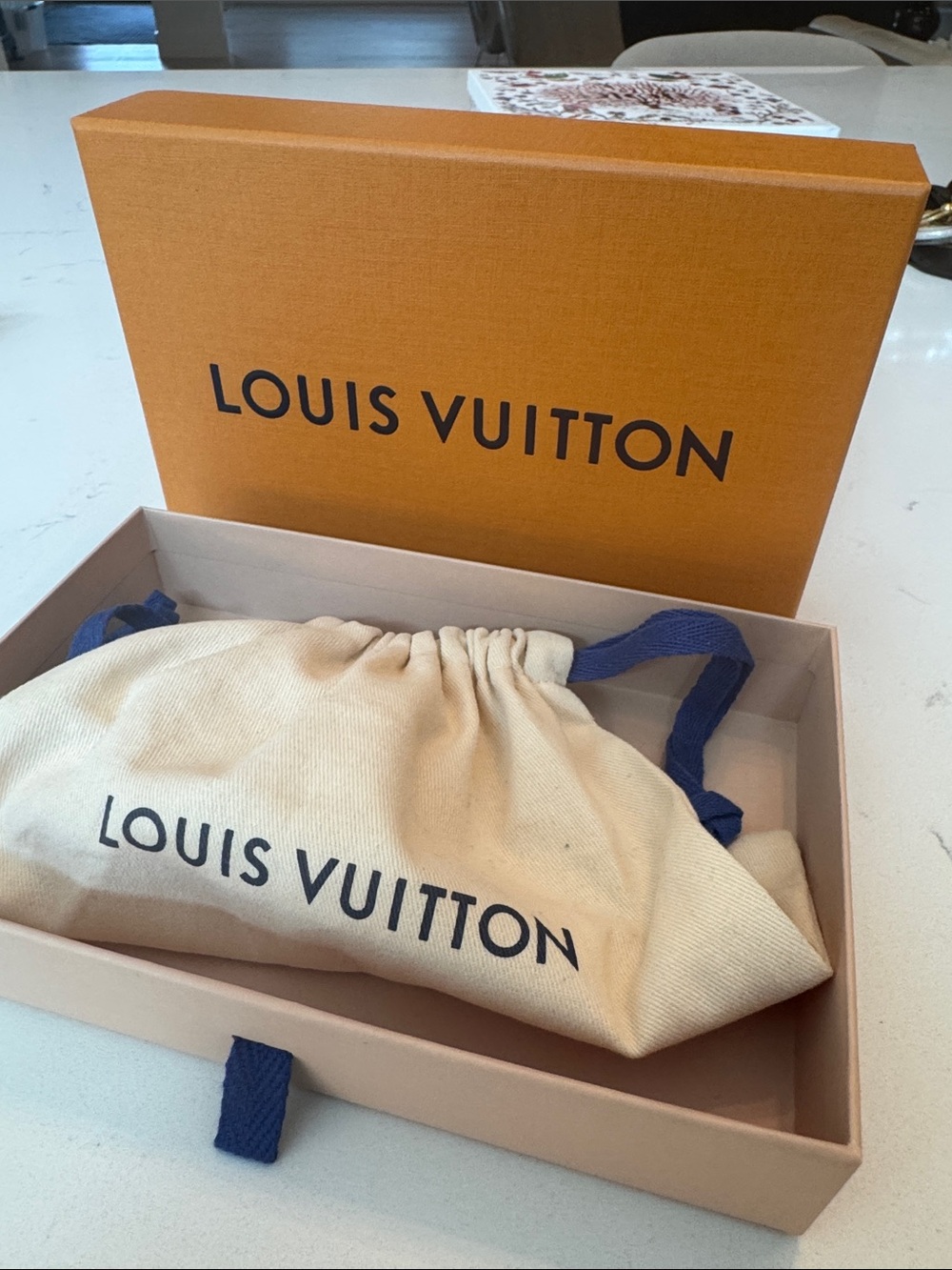Louis Vuitton Box w/Drawstring Pouch with Blue Cord 5.5x8